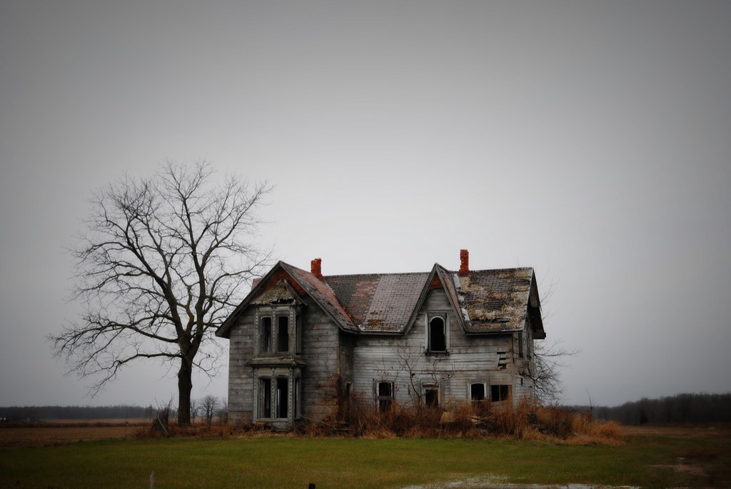 A dilapidated haunted house.