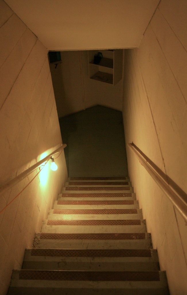 A dimly lit staircase leading into darkness.