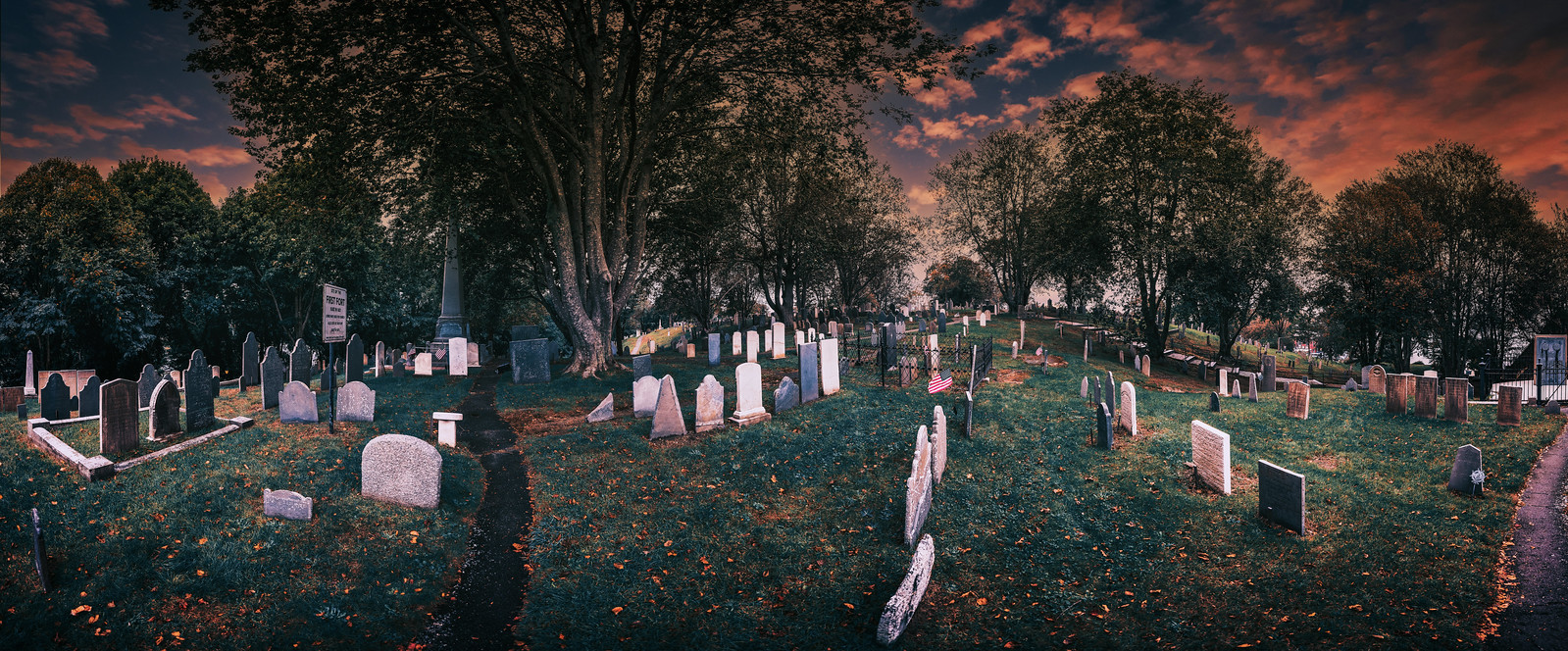 A graveyard at twilight.