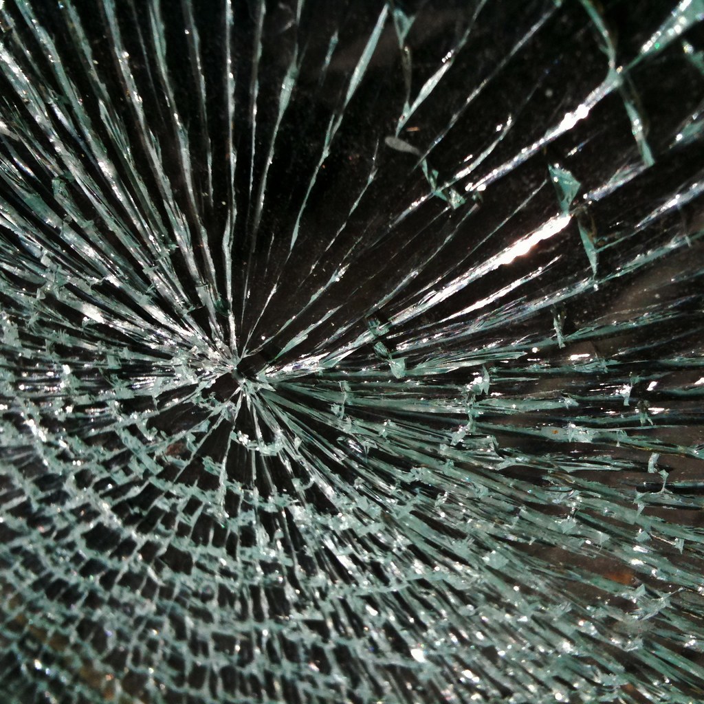 A shattered glass window.