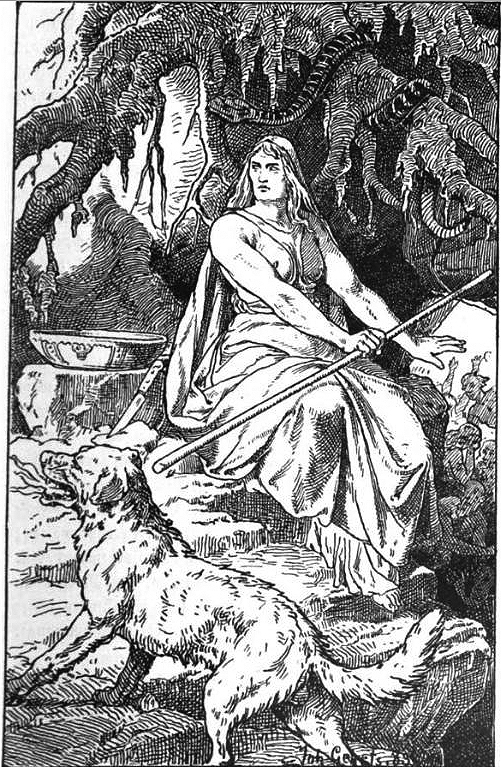 A simple image of a mythological dog such as Cerberus or Fenrir.