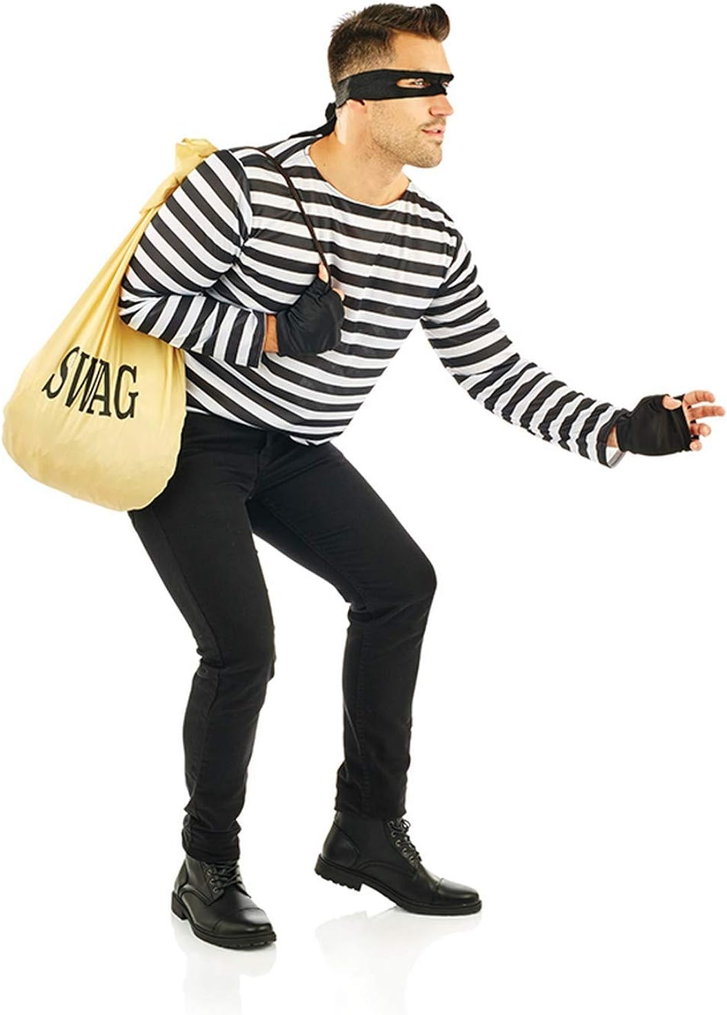 Burglar in a black mask and striped shirt.