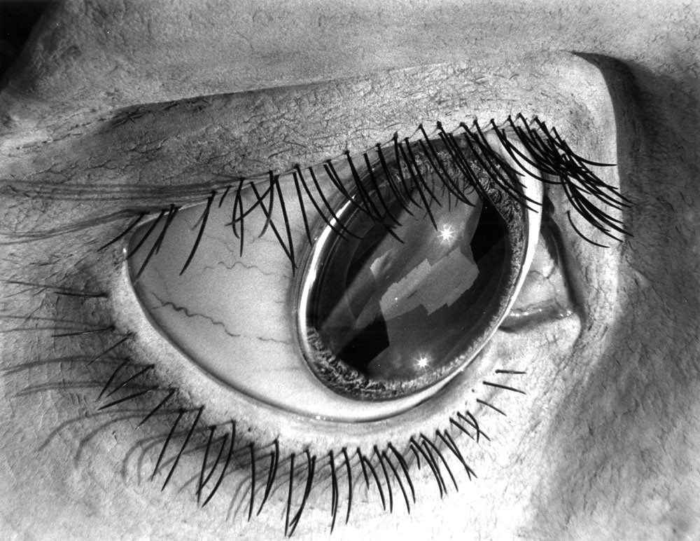Close-up image of an eye reflecting a dreamy landscape.