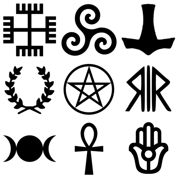 Cultural symbols or icons representing different beliefs.
