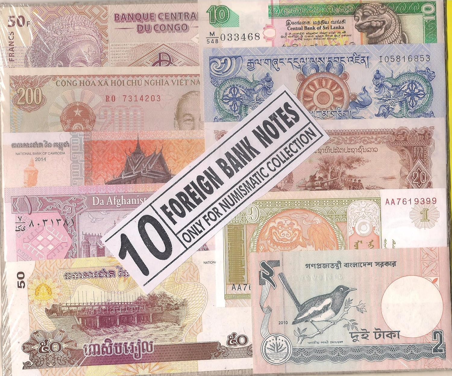 Foreign currency notes and coins.