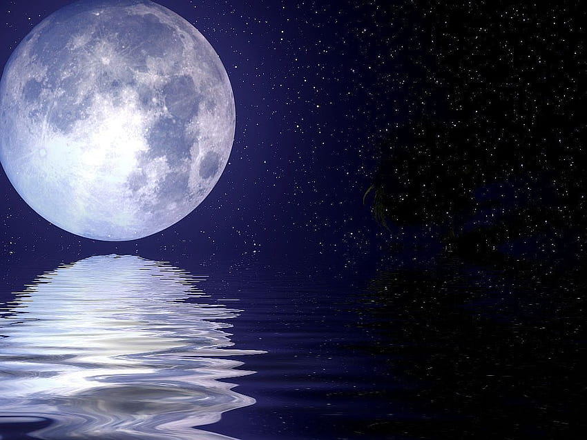 Moon and stars reflected in water