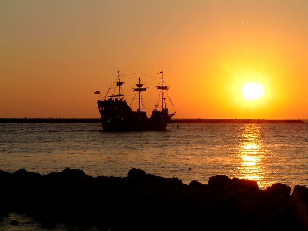 Pirate ship at sunset